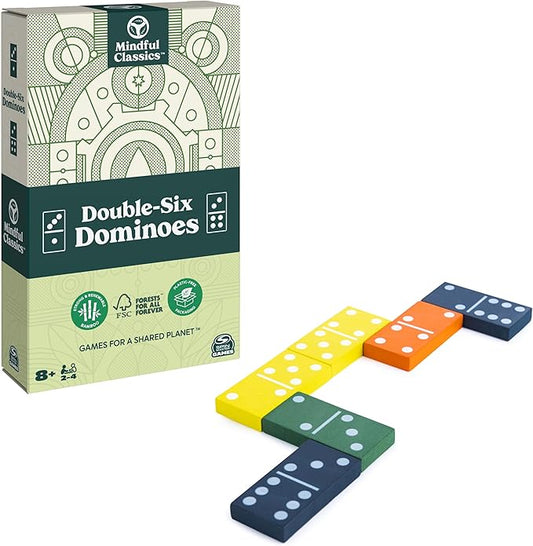 Mindful Classics, Double-Six Wood Dominoes Set Sustainable Classic Games with Wood Storage Case, for Adults and Kids Ages 8 and up