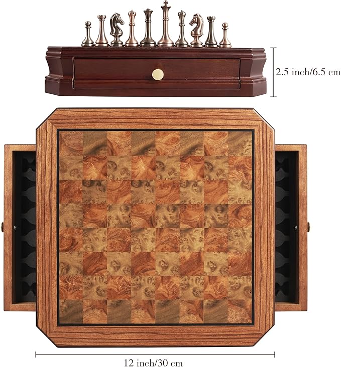 12" Wooden Chess Set with 2 Built-in Storage Drawer and Distressed Metal Chess Pieces - 2 Extra Queens Retro Desktop Chess Board Game for Adults and Beginners