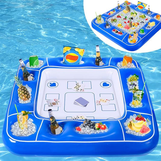 Pool Inflatable Game Table with Waterproof Playing Cards(35.5 inches×35.5 inches,Blue/White)