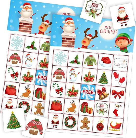 Funnlot Christmas Bingo Game for Large Group - Holiday Activity for 24 Players, Preschool Classroom, Family - Snowman Xmas Gifts