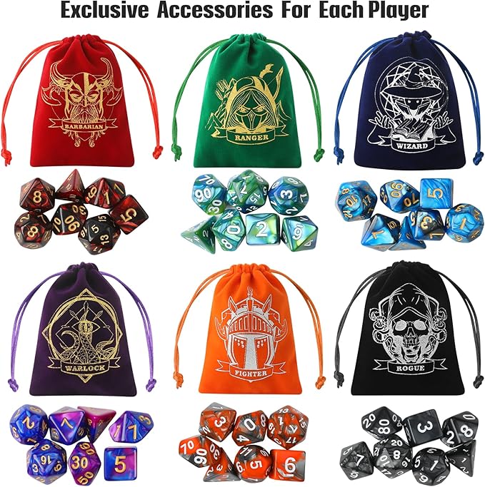 D&D Dice Set with Characters Pattern Dice Pouches, 42 Pcs polyhedral dice Set, PU Leather and Velvet dice Tray for Dungeons and Dragons D&D RPG MTG Table Games