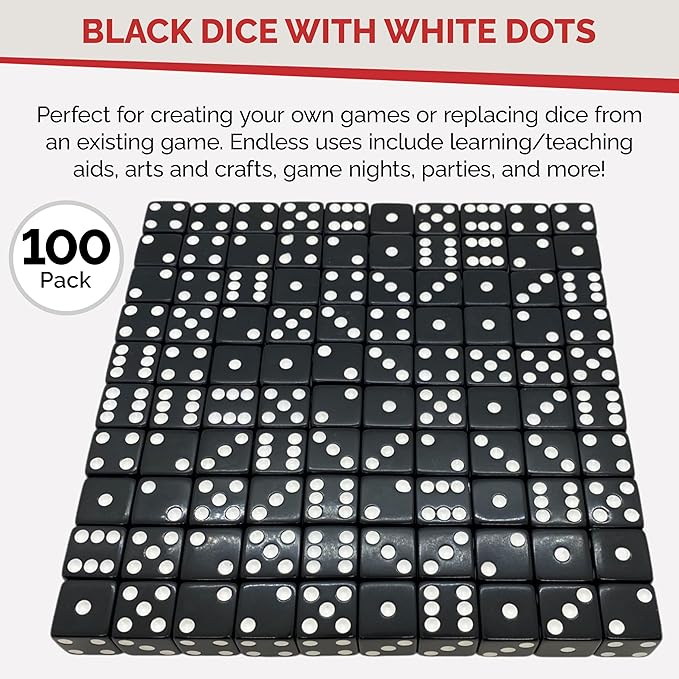 MR CHIPS D6 Standard 16 mm Opaque Dice with Pip Dots - 100 Pack - Black