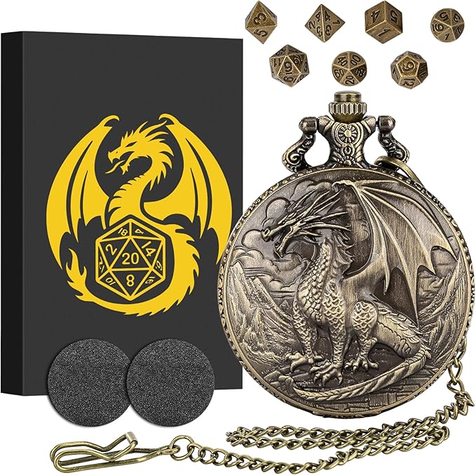 Mini DND Dice Set with Steampunk Dragon Pocket Watch Case, Tiny 7-Piece Polyhedral Metal D&D Dice, DND Gifts with Gift Box for DND Lovers, Role Playing Game Board Game Accessories Dice, Bronze
