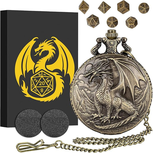 Mini DND Dice Set with Steampunk Dragon Pocket Watch Case, Tiny 7-Piece Polyhedral Metal D&D Dice, DND Gifts with Gift Box for DND Lovers, Role Playing Game Board Game Accessories Dice, Bronze