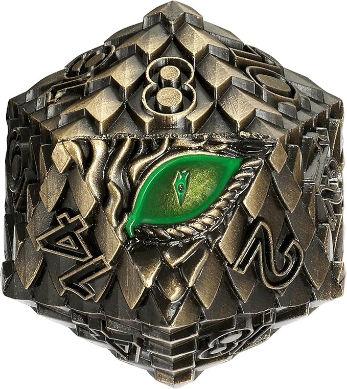 Dragon Eye Scale DND Metal Dice,33mm 20 Sided Giant D20, Large Polyhedral Dice, D&D Metal Dice Set for Dungeons and Dragons, RPG, MTG & Tabletop Games(Bronze with Green Eye)
