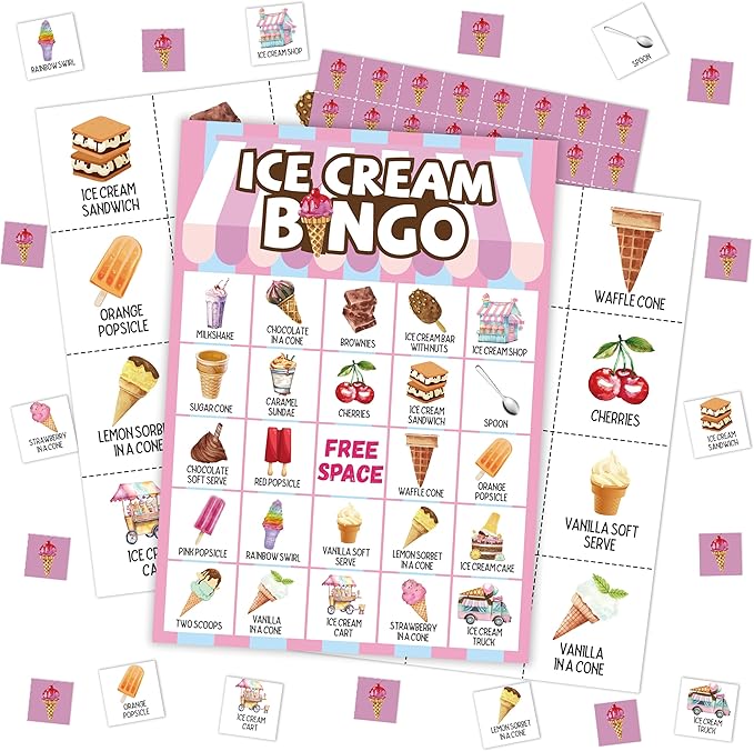 Ice Cream Bingo Card, Sweet Treats Bingo Game for Adults Family Friends, Summer Party Favors Decorations, Ice Cream Game for Birthday Party, Holiday Games for 24 Players -18