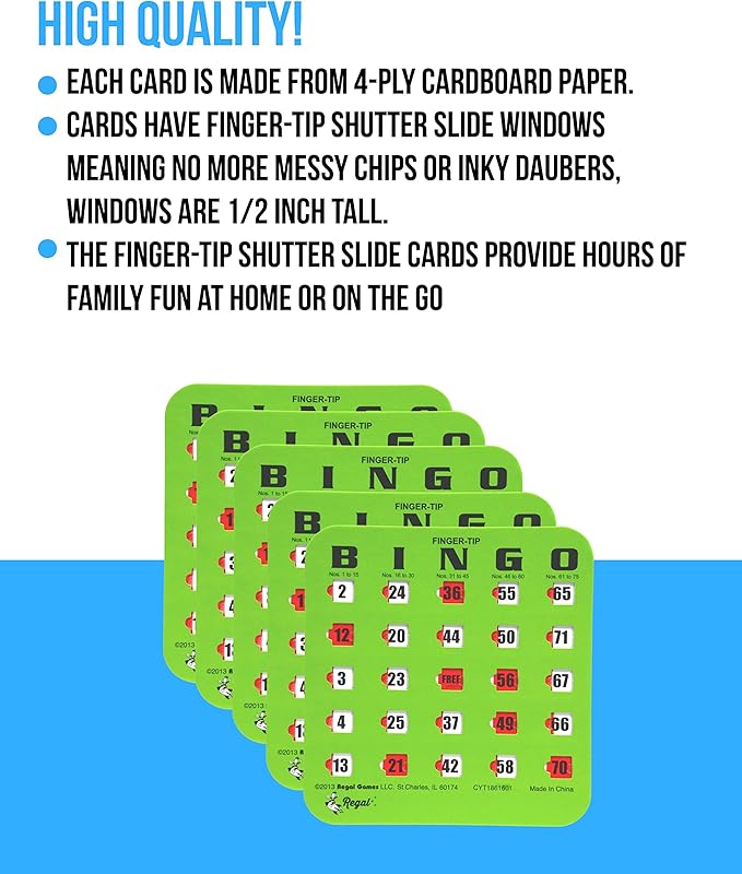 Regal Bingo Bulk Bingo Cards with Sliding Windows - Reusable Large Print Bingo Game Cards for Adults Large Group - 100 Pack, Green