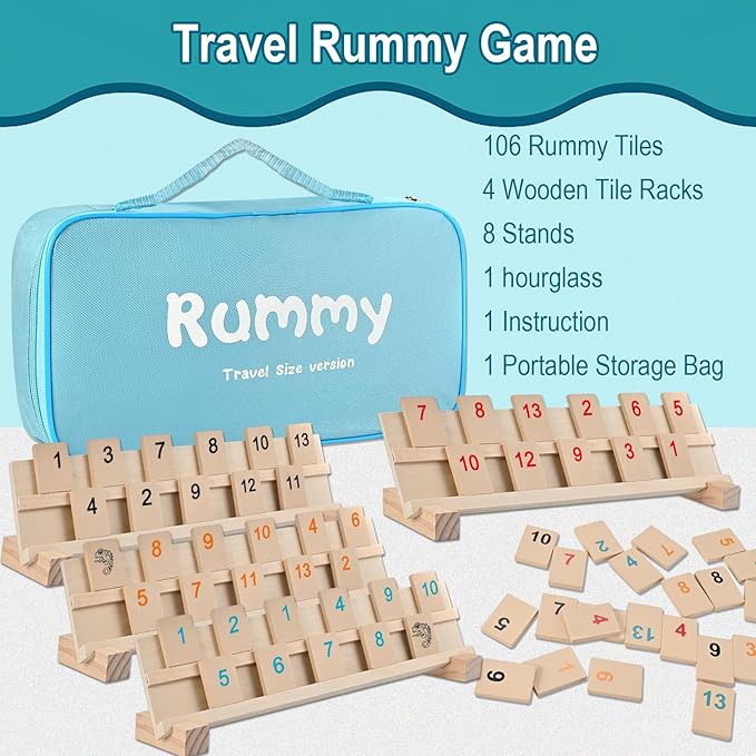 Wooden Rummy Cube Game with Portable Storage Bag, Travel Rummy Game Set with 106 Tiles, 4 Playing Rack, 1 Timer (2-4 Players)