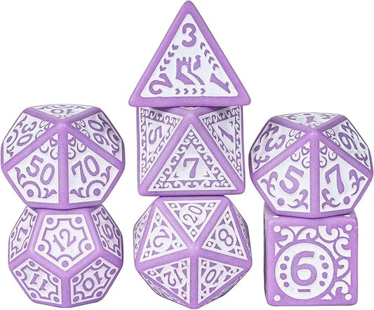 7-Die DND Dice Set New Pattern Polyhedral Dice Set with Leather Bag D&D Dice Set for Dungeons and Dragons RPG MTG Table Games(Purple White)