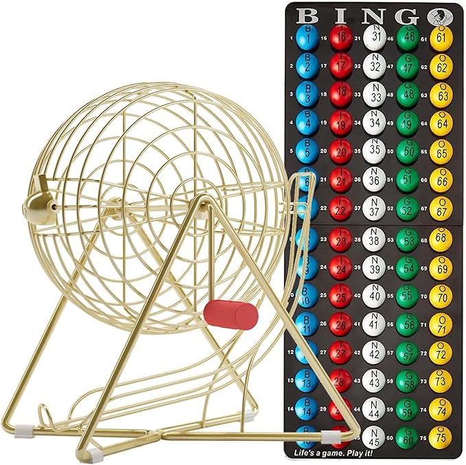 MR CHIPS 11" (Inch) Tall Professional Bingo Set with Steel Cage, Everlasting 7/8” Balls, Master Board for Balls - Luxury Gold Color