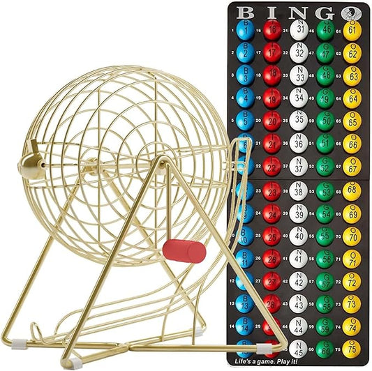 MR CHIPS 11" (Inch) Tall Professional Bingo Set with Steel Cage, Everlasting 7/8” Balls, Master Board for Balls - Luxury Gold Color