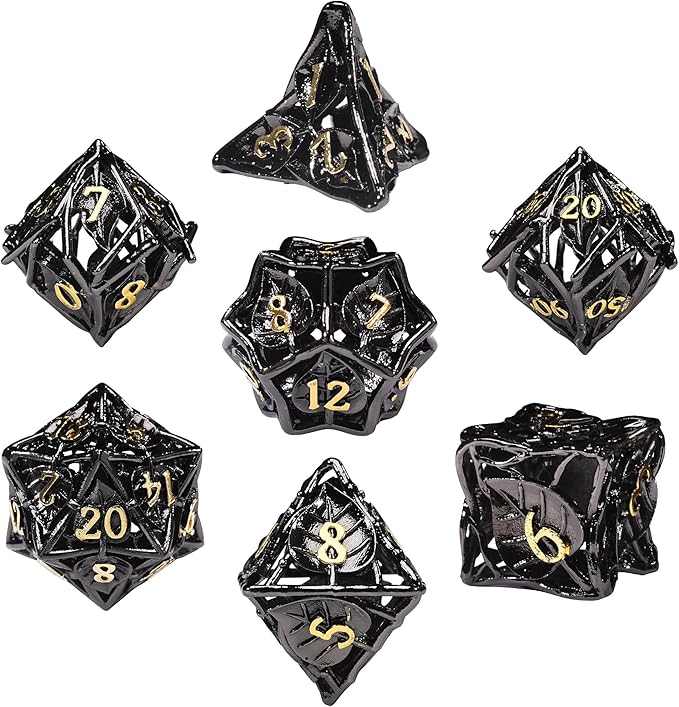 AUSTOR Metal DND Dice Set 7 Pieces Leaf DND Dice Hollow Polyhedral Dice D20 D12 D10 D% D8 D6 D4 Metal Dice with Metal Box for Dungeons & Dragons RPG Board Games(Black & Gold)