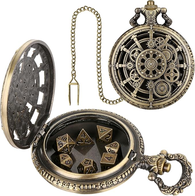 Mini DND Dice Set with Steampunk Hollow Gear Pocket Watch Shell Case, 7pcs Polyhedral Metal D&D Dice, DND Gifts with Gift Box for DND Fans, Role Playing Board Games Accessories