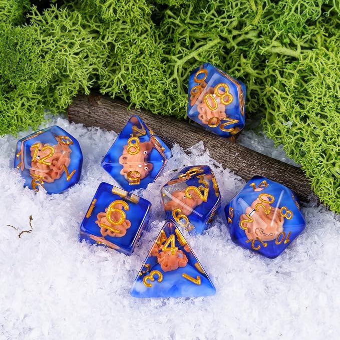 UDIXI 7PCS Resin DND Dice Set, Blue D&D Dice Set Filled with Octopus for RPG Dungeons and Dragons Role Palying Games and Other Tabletop Games, d and d,
