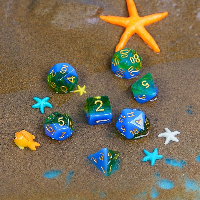 UDIXI 7PCS Glitter Polyhedral Dice Set D&D, Resin DND Dice for Dungeons and Dragons,Other Table Games （Blue and Green）