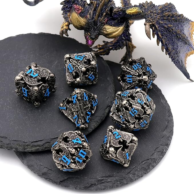 DND Dice, Dungeons and Dragons Dice Metal Dice Set D&D with Box HNCCESG Unique Role Playing Dice Hollow Polyhedral Starter Dice Gaming D and D Dice for Board Game RPG Warhammer (Angel Blue Number)