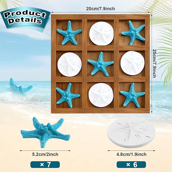 Chunful Beach House Decor Wooden Tic Tac Toe Game with Resin Seashell and Starfish Multilayer Tic Tac Toe Board Fun for Family Travel Beach Game 7.87 x 7.87 x 0.47 Inch (Wood Color)