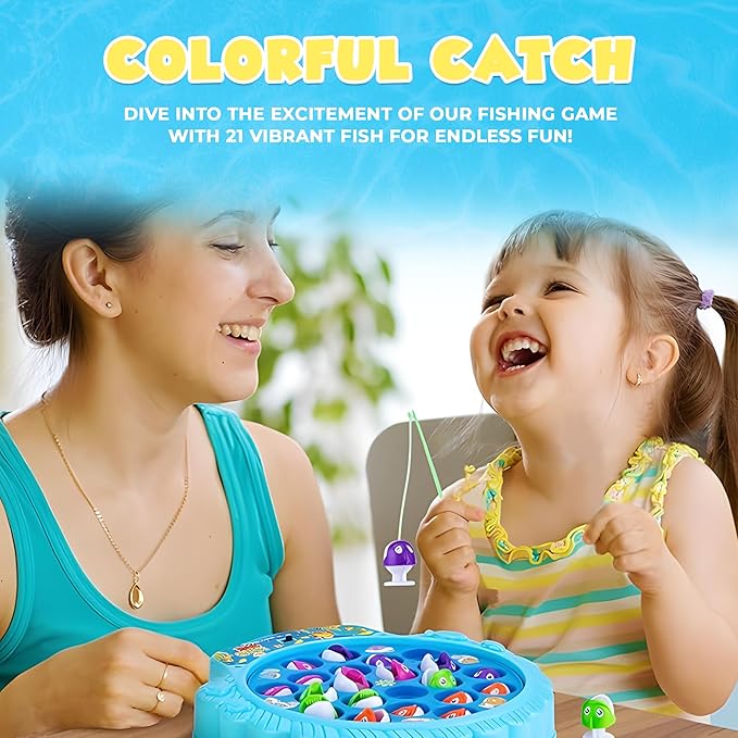 IPIDIPI TOYS Fishing Game for Kids, Hook Fishing Set for Toddlers - Rotating Fish Board with Music, Educational, Fine Motor Skill Activity for Boys and Girls - Blue, 21 Fish, 4 Poles