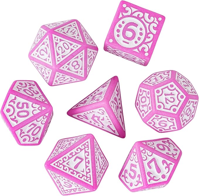 7-Die DND Dice Set New Pattern Polyhedral Dice Set with Leather Bag D&D Dice Set for Dungeons and Dragons RPG MTG Table Games(Pink White)