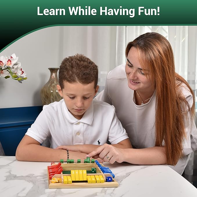 Wooden Shut the Box – Indoor Dice Game – Ideal for 2-4 Players – Great Family Game – Colorful Design - Comfortable Felt – Smart Math Game for Kids – Fun Learning Board Game - Nice Gift Packaging