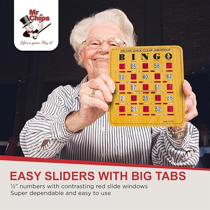 MR CHIPS Jam-Proof Quick-Clear Deluxe Fingertip Slide Bingo Cards with Sliding Windows 200 Pack in Woodgrain Style