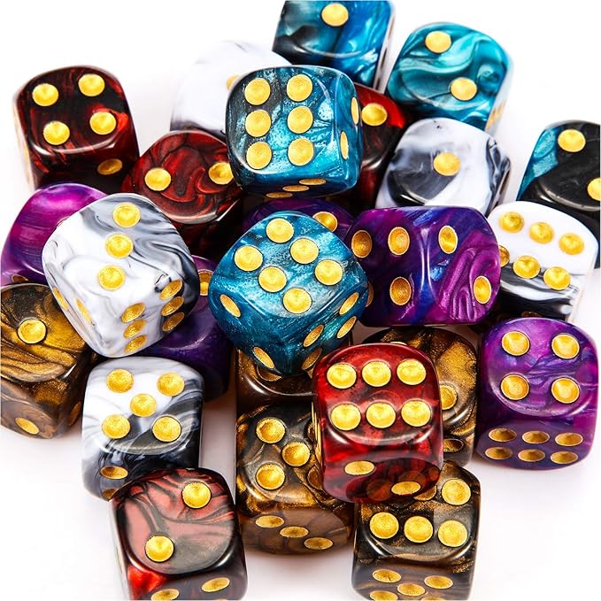TecUnite 25 Pieces Colored Dice 6 Sided Dice Set, 6 Sided Standard Dices with Black Drawstring Storage Bag for Board Games, Parties, Math Learning, Classroom(Marble Color,6 Sides)