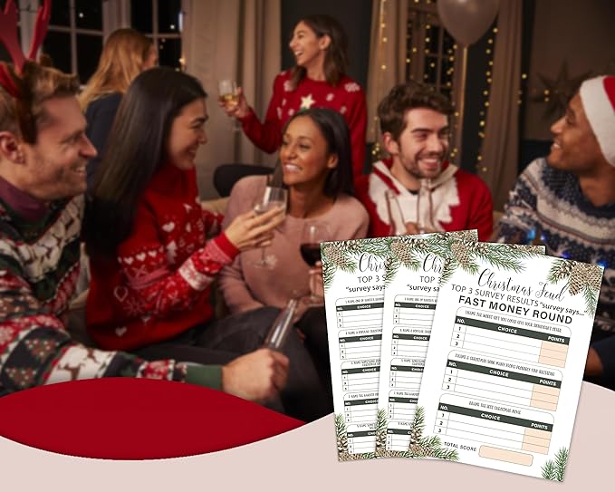 Tuyashua Christmas Feud Game Night - Family Friendly Quiz, 30 Christmas Cards & 3 Fast Money Rounds