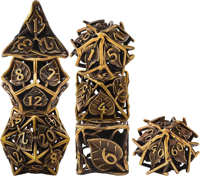AUSTOR 7 Pieces DND Dice Set Leaf Metal Hollow Polyhedral Dice D20 D12 D10 D% D8 D6 D4 with Metal Box for Dungeons & Dragons RPG Board Games(Antique Gold)