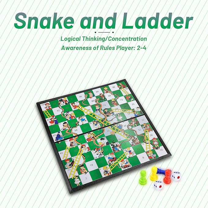 KIDAMI Magnetic Snakes and Ladders Board Game Set, Folding Portable Design, Family Travel Game Set Gift for Kids and Adults (11.2 inch x 11.2 inch)
