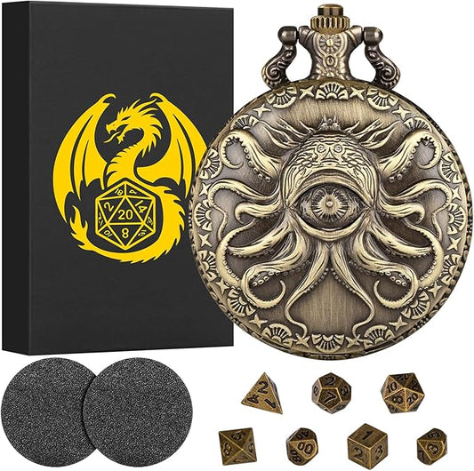 Mini DND Dice Set Steampunk One-Eye Octopus Pocket Watch Shell Case, 7-Piece Polyhedral Metal D&D Dice Set, DND Gifts with Gift Box, Role Playing Board Game Accessories Dice, Bronze