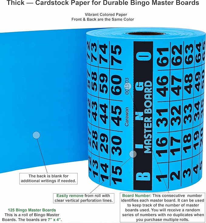 125 Bingo Master Boards, Blue (1 of 3 Colors), for Parties, Large Events Family Game Nights, Single or Multi Use for Daubers or Chips