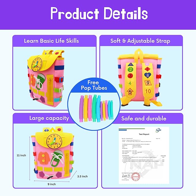Busy Board Toddlers Travel Backpack - Learning Activities for Kids to Develop Fine Motor Skills and Basic Life Skills - Montessori Sensory Toys
