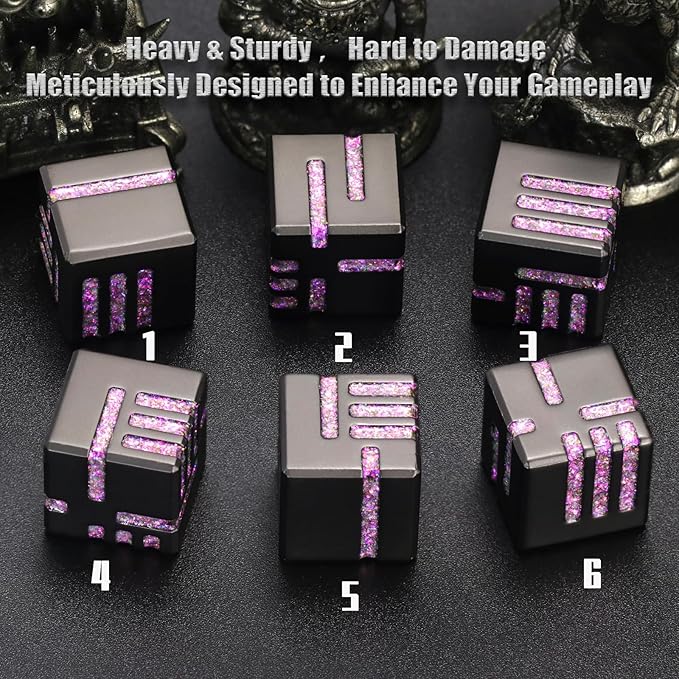 D6 Dice Set of 6 Pcs, 16mm Cool Fancy 6 Sided Dice, Metal D6 for DND, RPG, Dungeons and Dragons (Matte Black & Glitter Purple)
