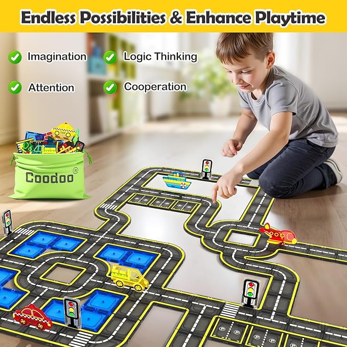 Magnetic Tiles City Road with Cars Kids Toys for Ages 5-7 3-5 4-8, STEM Magnetic Blocks Building Toddler Toys, Creative Gifts Sensory Toy for 3+ Year Old Boys and Girls