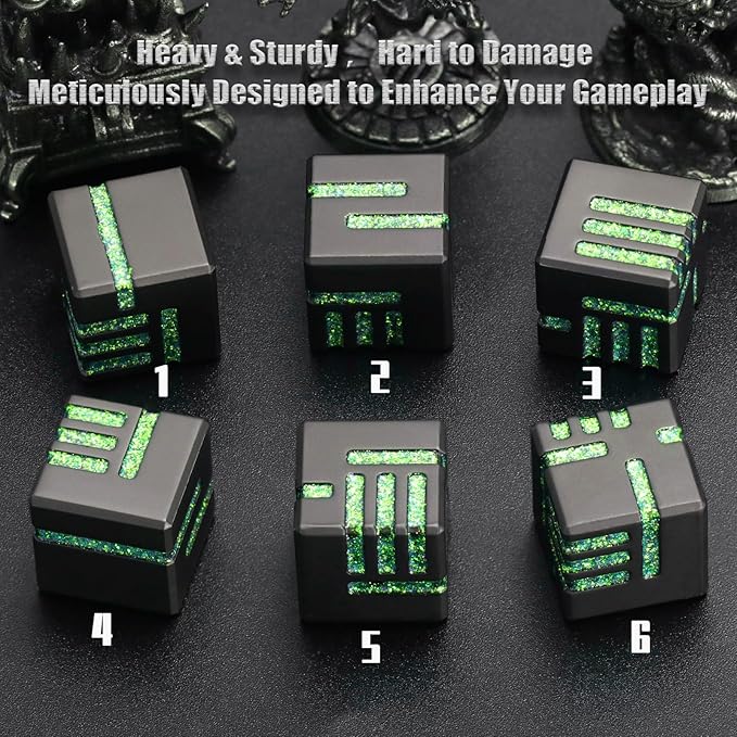 D6 Dice Set of 6 Pcs 16mm, Cool Fancy 6 Sided Dice Great Metal D6 for DND RPG Dungeons and Dragons (D6 Matte Black & Glitter Green)