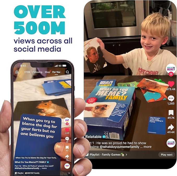 WHAT DO YOU MEME? Family Edition by Relatable – Kids Games 8+, Family Fun, TikTok Viral Game, Great Idea, Includes 300 Caption & 108 Photo Cards