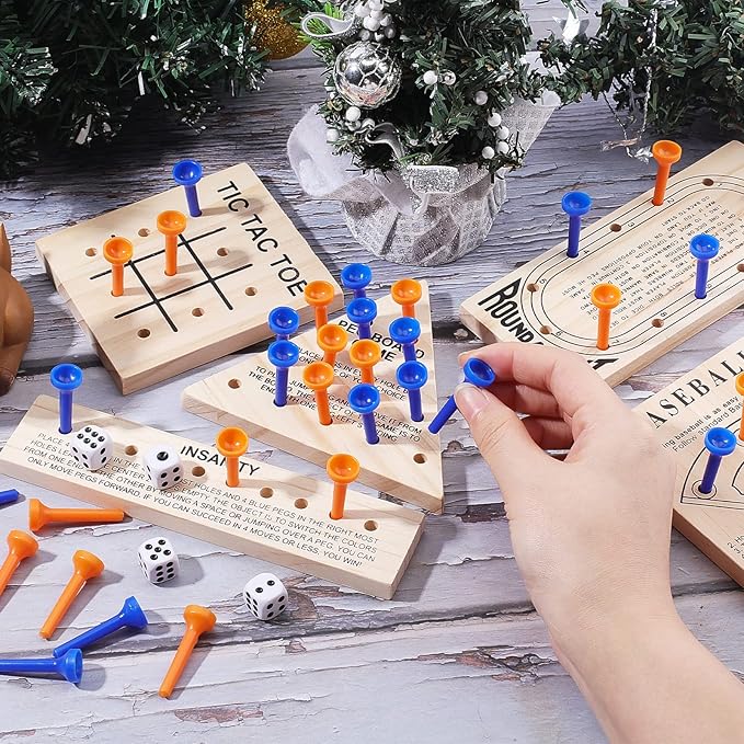 SUPERFINDINGS Wooden Peg Games Assortment Kit Wooden Board Game Set Including 5 Style Wooden Game Board and Plastic Pieces and Dice Puzzle Brain Games Set
