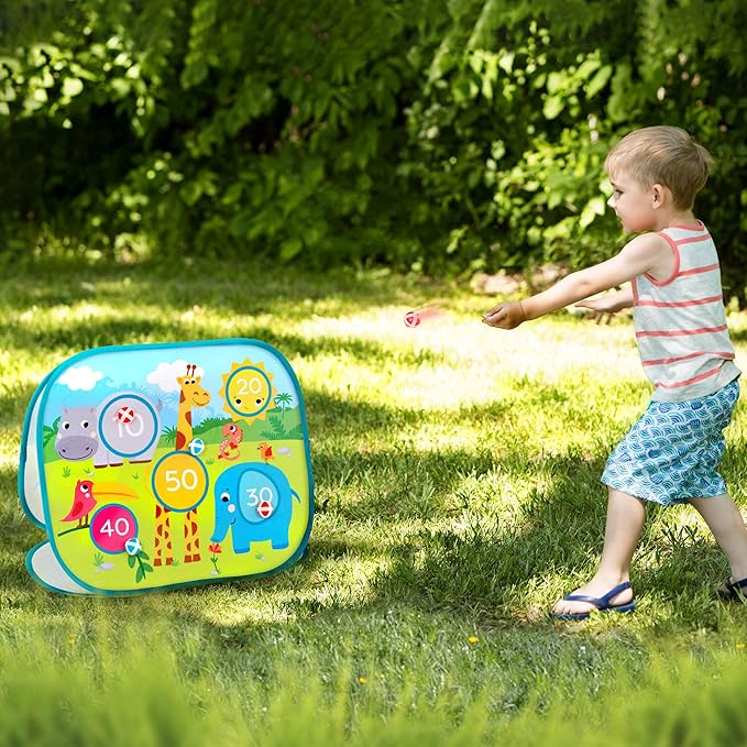 B. toys- Toss 'n' Score- Sports & Outdoor Summer Game Set – 3 Outdoor Games for Kids – Triple-Sided Dartboard & 10 Balls – Portable Carry Bag – 3 Years +