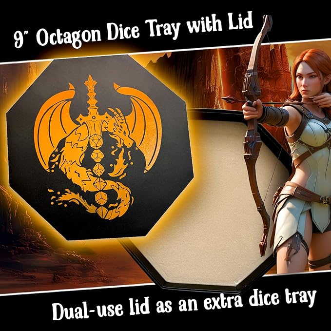Chromatic Fire Dragon Dice Tray with Dice Sword Artwork – 9" Octagon with Lid, Holds 5 Dice Sets – Perfect for D&D, Call of Cthulhu, Shadowrun, and All Tabletop RPGs