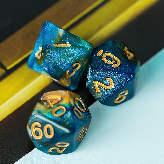 7-Die DND Dice Set Polyhedral Dice Set with a Leather Dice Bag, D&D Dice Set for Dungeons and Dragons, RPG, MTG Table Games (Blue Yellow/Glitter)