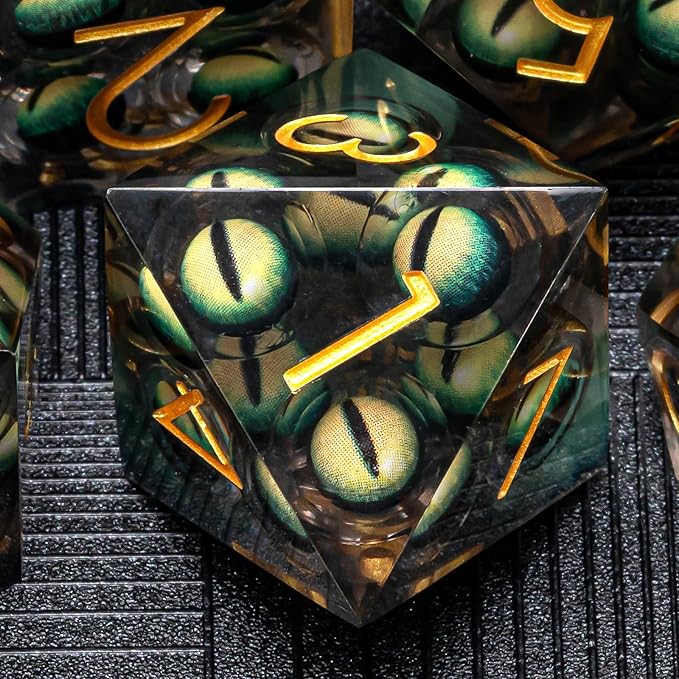Dungeons and Dragons Dice DND Resin Mixed Eyeball Dice Set 22-32mm Large Sharp Edged Dice Set with Box, Polyhedral D&D Role Playing Game D&D Dice Set D20 D12 D10 D8 D6 D4 (Green Eyes+Gold Ink)