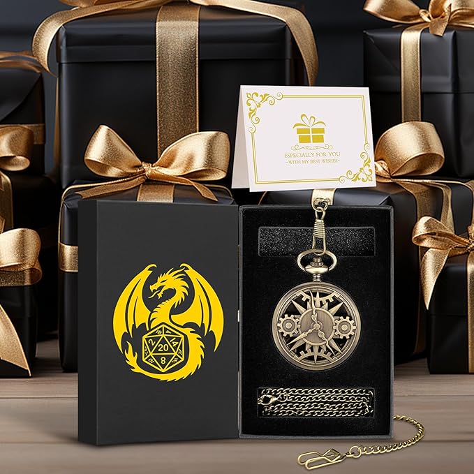 Mini DND Dice Set with Bronze Steampunk Hollow Pocket Watch Shell Case, 7pcs Polyhedral Metal D&D Dice Set, DND Gifts with Gift Box, Role Playing Board Games DND Accessories