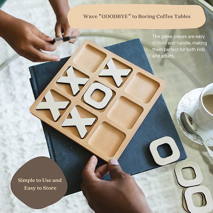 Tic Tac Toe Game, Versatile Boho Natural Wood Tic Tac Toe Board for Classic Two Person Games, 8.63 Inches Tic Tac Toe Coffee Table Decor, Two Ways to Play