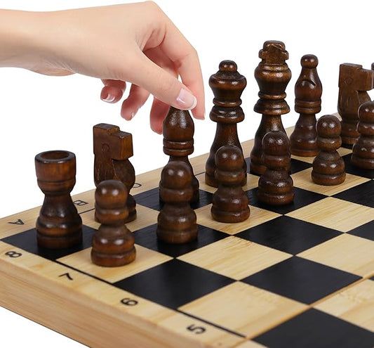 TOWO Wooden 3-in-1 Chess, Checkers/Draughts, and Backgammon Set - Classic Board Game Combo for Kids and Adults, Family Strategy Games, Portable and Durable