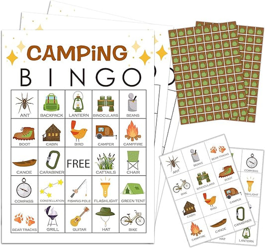 5"x7" Camping Bingo Game Cards (24 Kinds), Campground Activity for Family, Outdoor Indoor, Hiking, Road Trip Activities, Camp Birthday Theme, Campfire Bingo