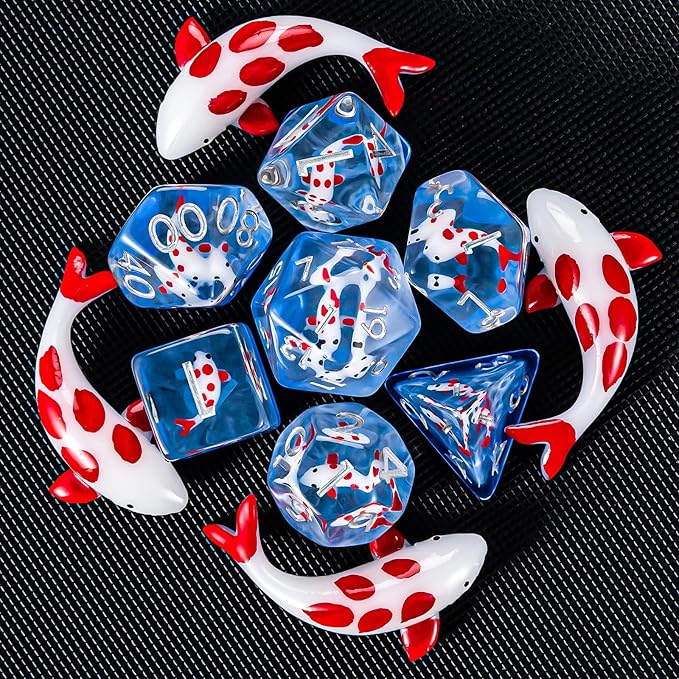 Red Fish Resin D&D Dice Set, Polyhedral Dice for Dungeons and Dragons Role Playing Games (D20, D12, D10, D8, D6, D4)