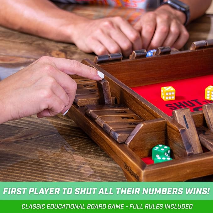 GoSports Shut the Box Premium Wooden Dice Game, Classic 4 Player Family Board Game - 10 Number Rows with Red Felt, Dice and Wood Stain Finish - For Kids and Adults