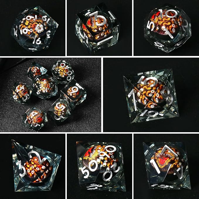 Cthulhu Beholder Polyhedral Resin Dice Set for Dungeons and Dragons Sharp Edge 7 PCS for D&D RPG Starter and Role-Playing Games, with Gift Box (Black-Orange)