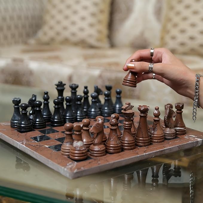 15 Inch Luxury Chess Set Classic Chess Boards for Adults with Handcrafted Stone Board & Marble Chess Pieces Ideal for Home Decor (Marina & Black)