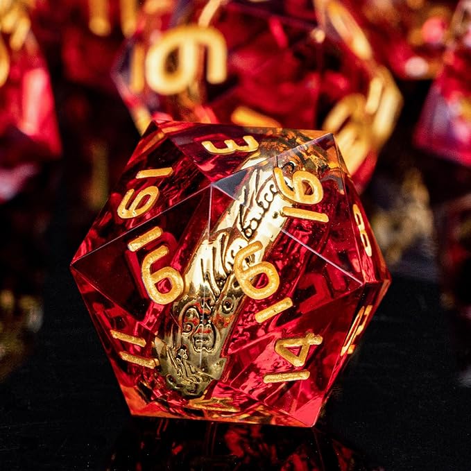 Magic Golden Ring DND Dice Set Sharp Edge Red Resin Dice with Box, for use with RPG D&D Tabletop Games Lord D and D Polyhedral Dice Set